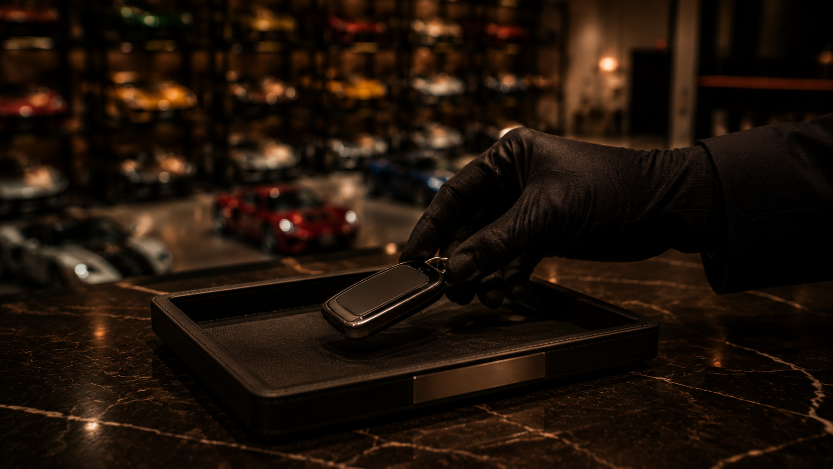 A gloved concierge places a key on a leather tray