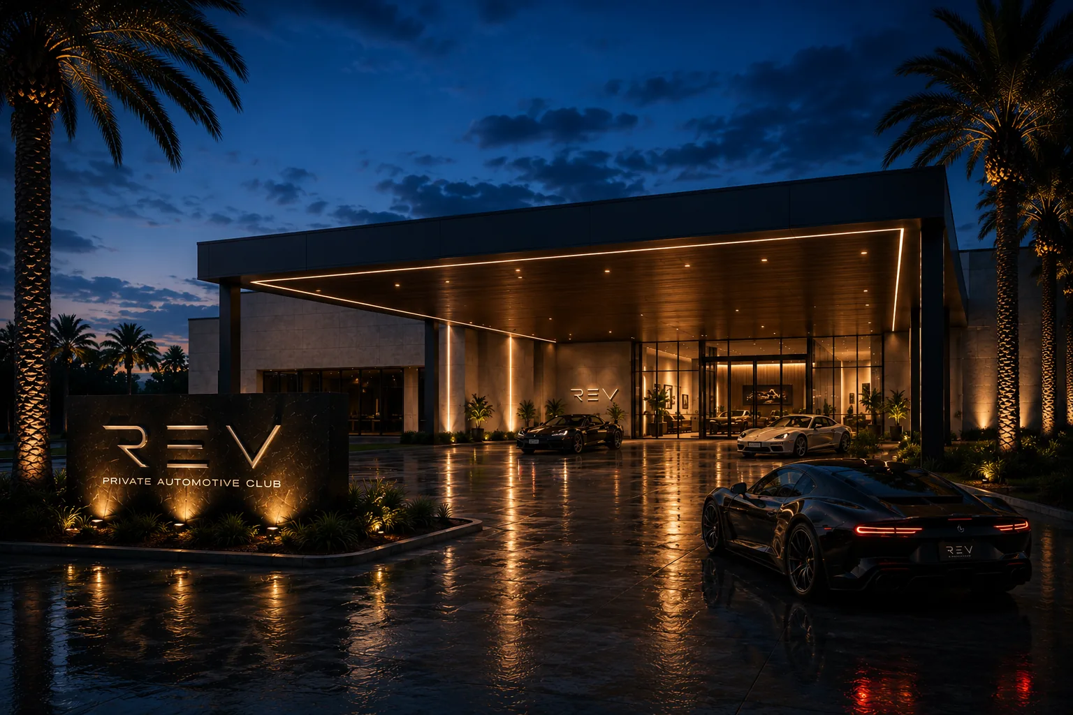 REV club exterior at blue hour, glass and marble glowing from within