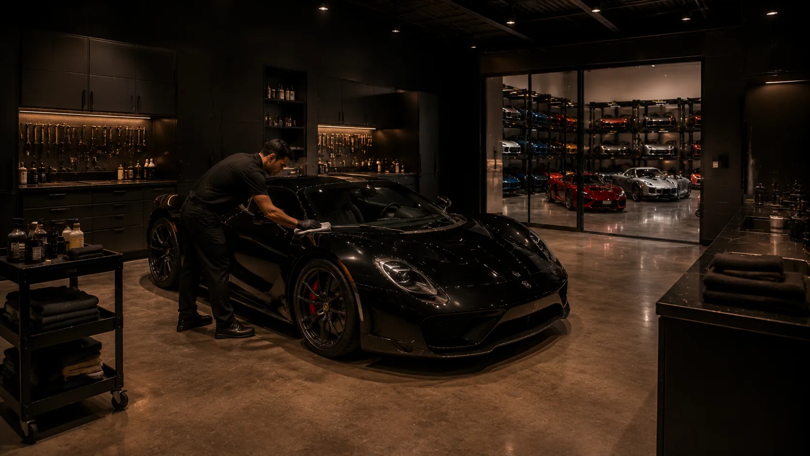 A specialist detailing a car in the REV care bay
