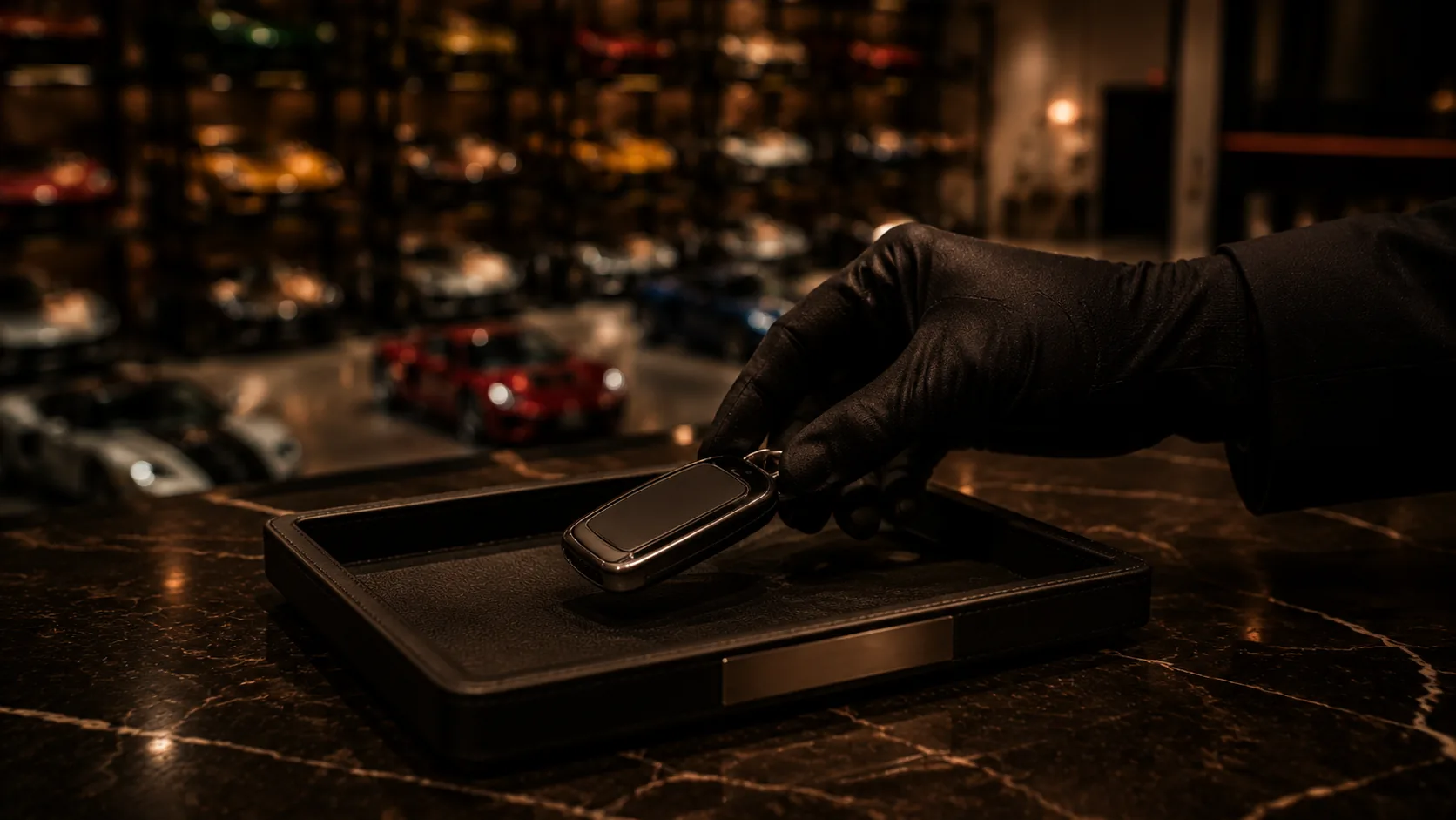 A gloved concierge places a key on a leather tray