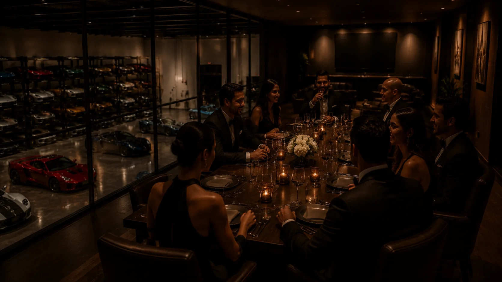 The founders' dinner, members at a candlelit table beside the collection