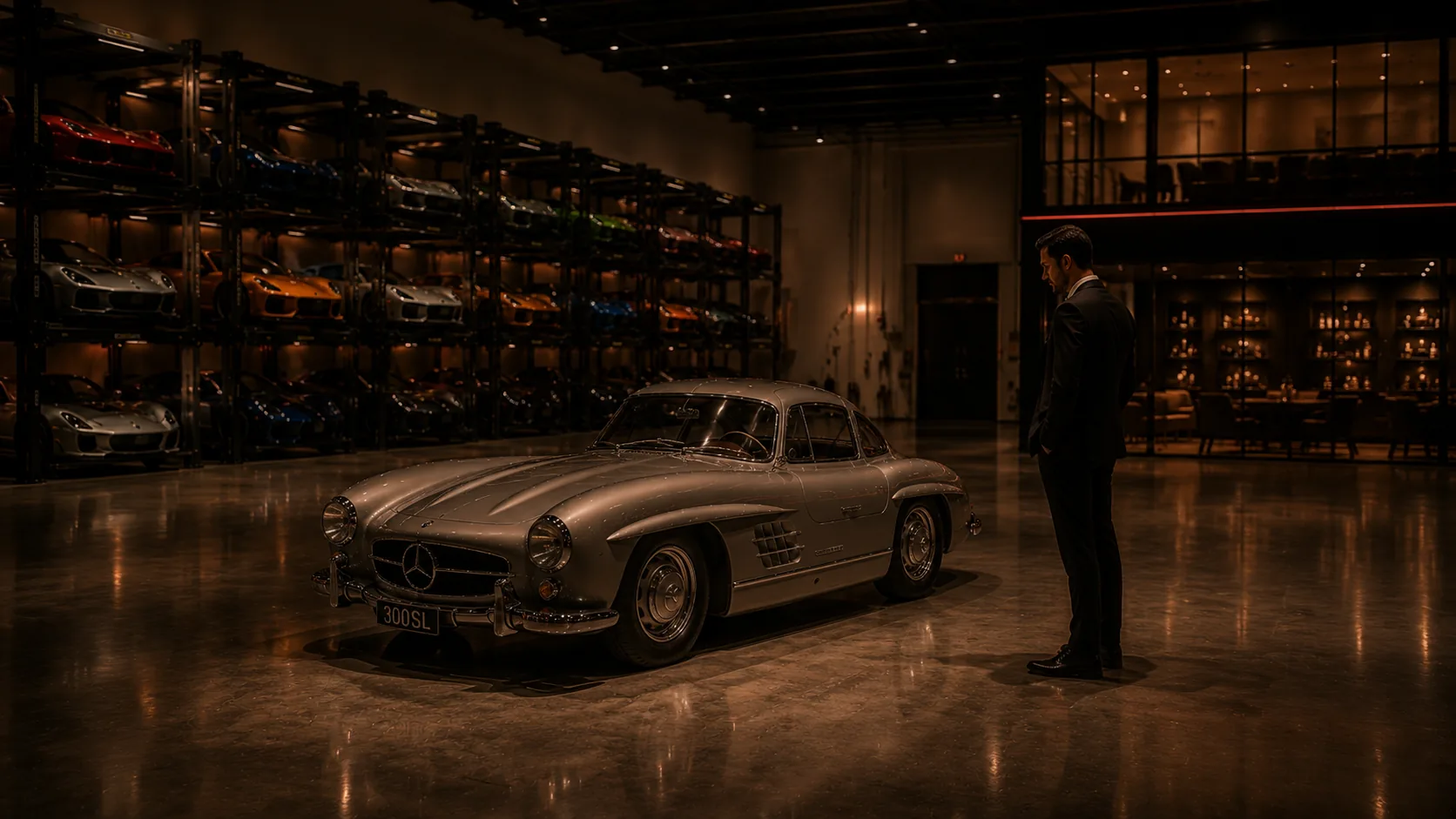 A member alone with a classic car in the quiet gallery
