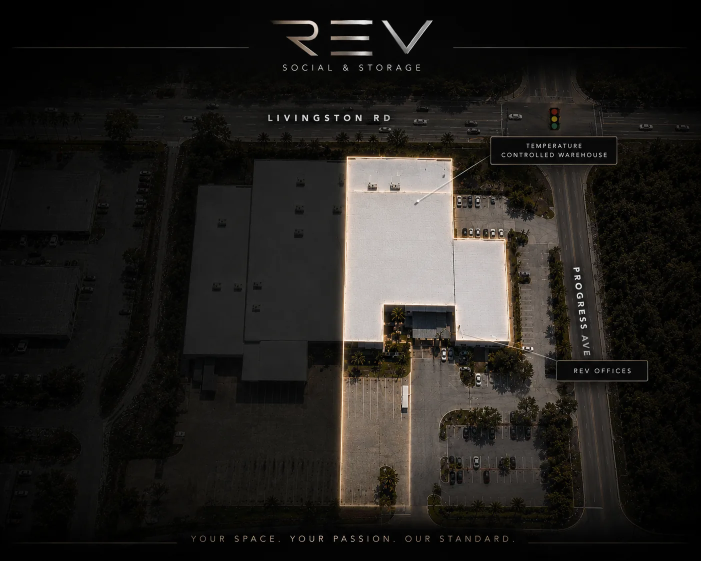 Aerial view of the REV Social and Storage facility in Naples, Florida